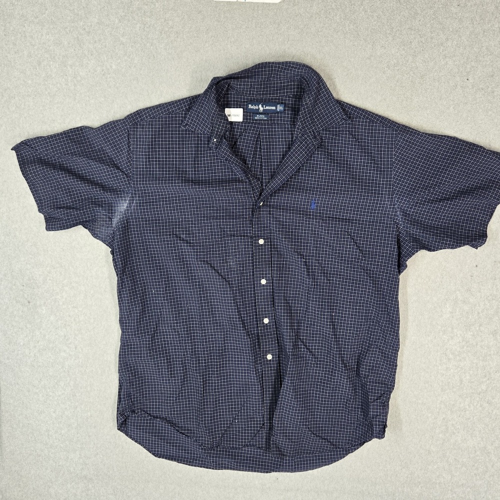 VINTAGE Ralph Lauren Men Button Up Shirt XL Navy Plaid Blake Short Sleeve READ
